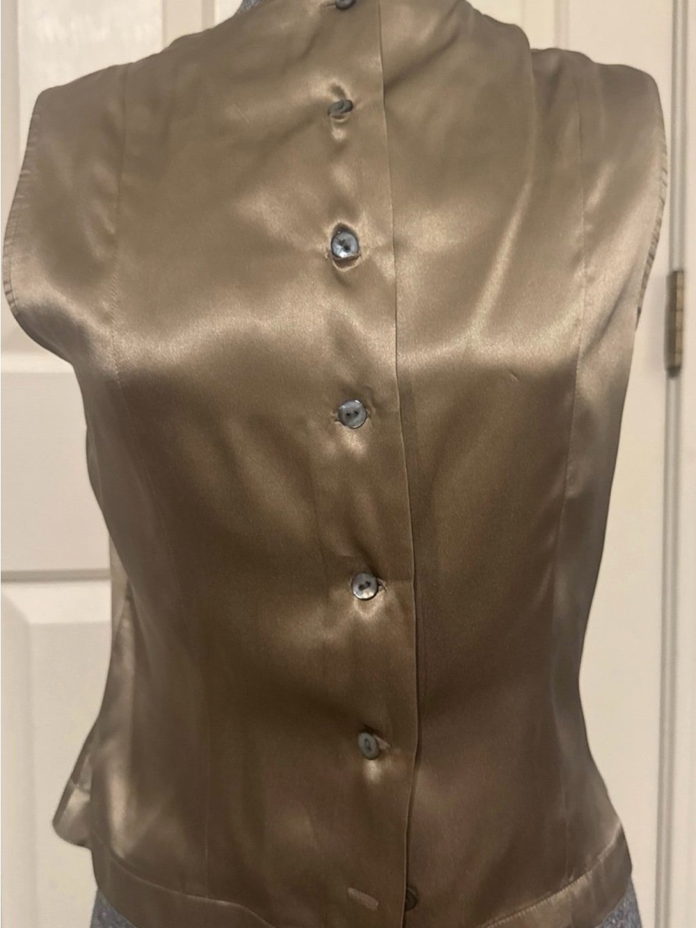 Satin Sleeveless Button-Front Top in Taupe and skirt